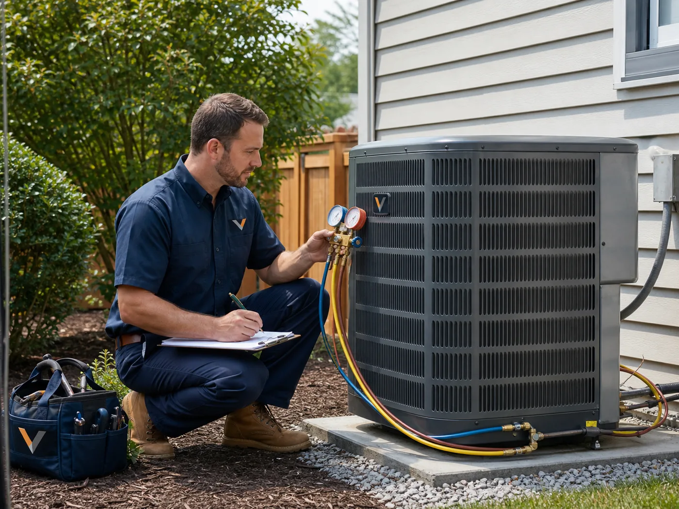 Technician checking an outdoor heat pump