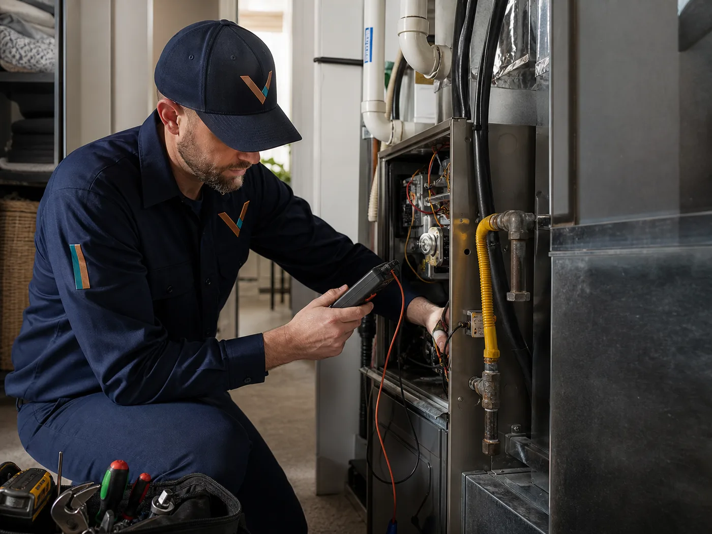 Technician inspecting a furnace