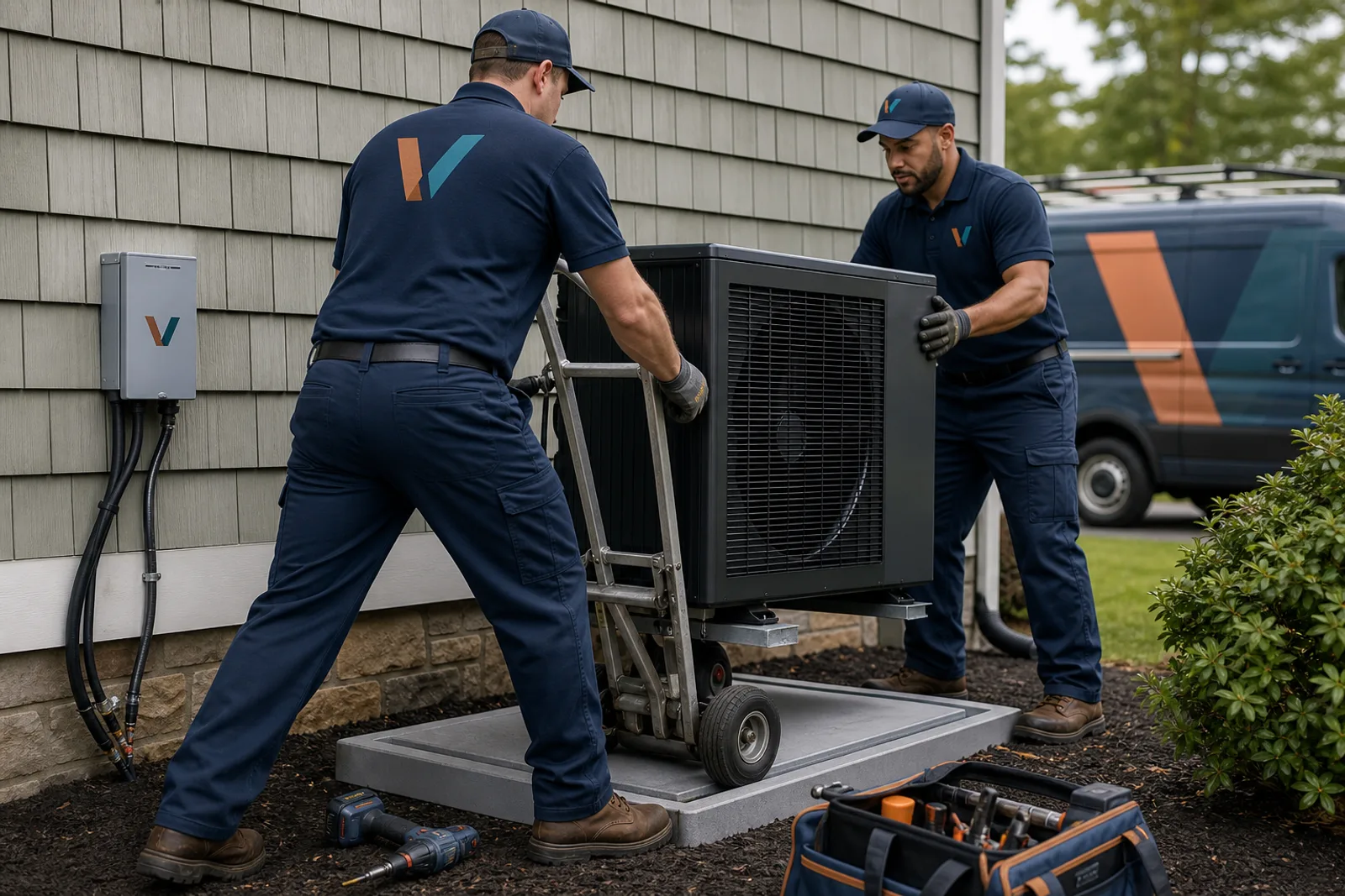 Crew installing a heat pump